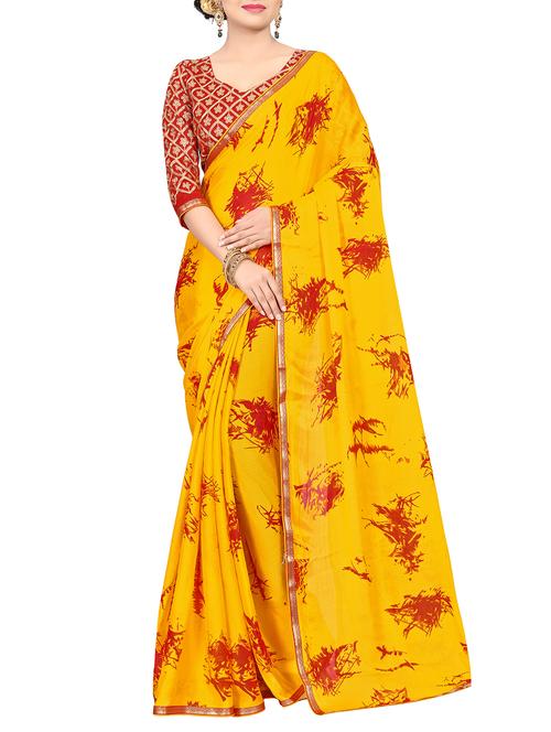 yellow silk printed saree with blouse - 15235227 - Very Small Image - 1