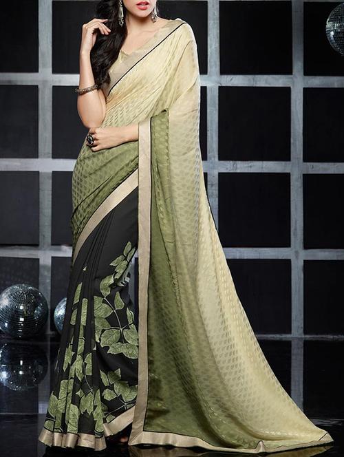 beige georgette half and half saree with blouse - 15235566 - Very Small Image - 1