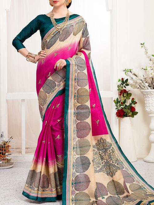 magenta khadi silk printed saree with blouse - 15235945 - Very Small Image - 1