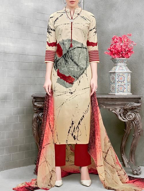 cream cotton unstitched straight pant suit - 15235981 - Very Small Image - 1