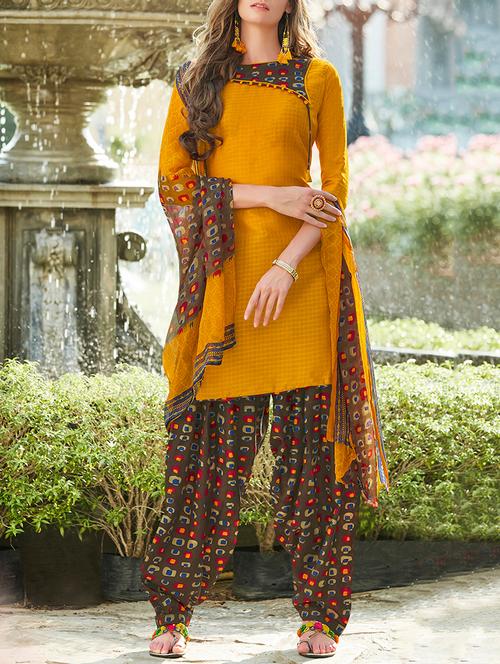 mustard cotton blend unstitched patiyala suit - 15236038 - Very Small Image - 1