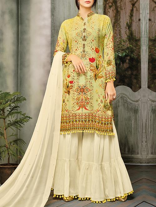 yellow cotton blend unstitched sharara suit - 15236064 - Very Small Image - 1