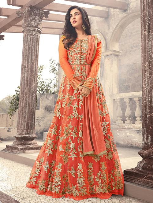 zari embroidered semi-stitched anarkali suit - 15236774 - Very Small Image - 1