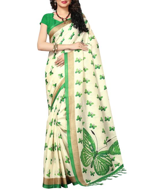 cream silk blend printed saree with blouse - 15237612 - Very Small Image - 1