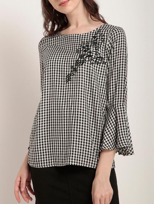 checkered embroidered flute sleeved top - 15240620 - Very Small Image - 1
