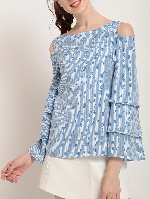 cold shoulder layered bell sleeved top - 15240643 - Very Small Image - 1
