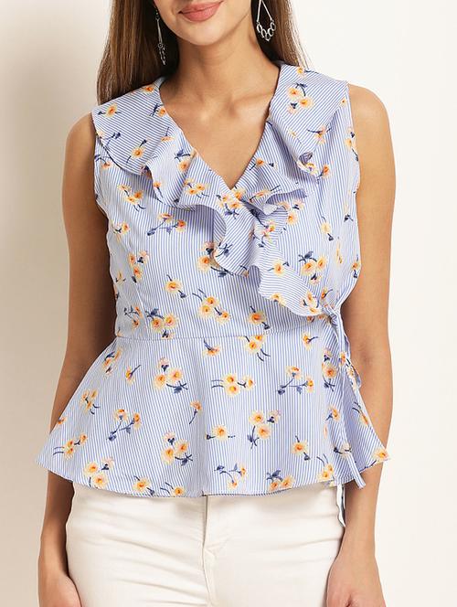 striped floral ruffle detail wrap top - 15240693 - Very Small Image - 1