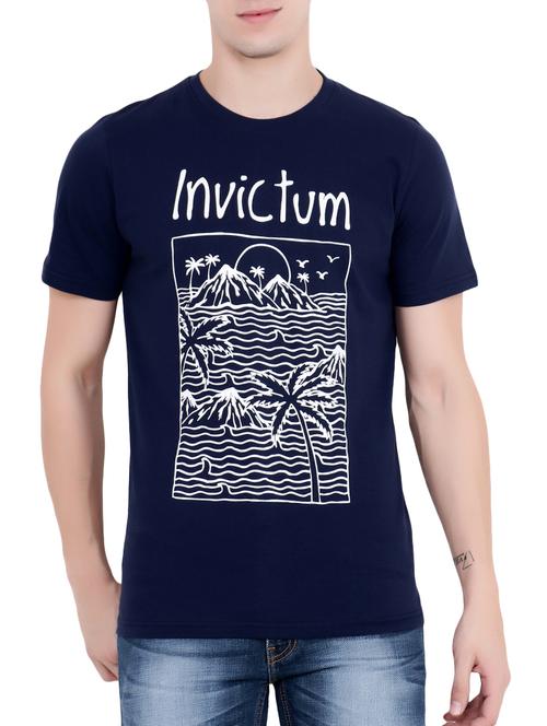 navy blue cotton front print  t-shirt - 15252925 - Very Small Image - 1