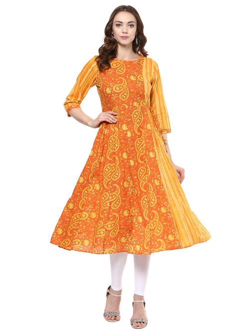 orange cotton a-line kurta - 15254147 - Very Small Image - 1