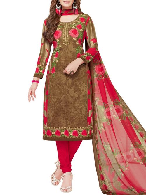 brown synthetic unstitched churidaar suit - 15255343 - Very Small Image - 1