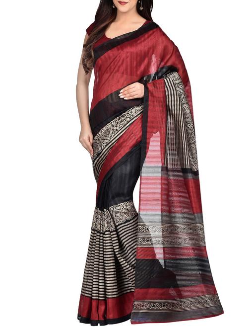 contrast border striped printed saree with blouse - 15256264 - Very Small Image - 1