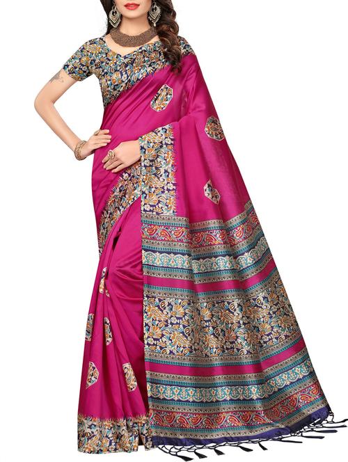 pink cotton silk printed saree with blouse - 15258048 - Very Small Image - 1