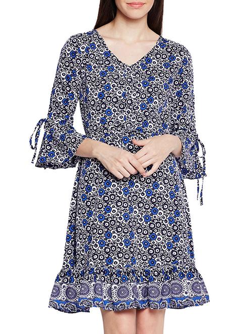 navy blue printed a-line dress - 15260716 - Very Small Image - 1