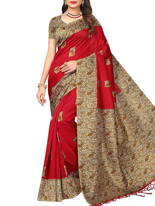 red cotton silk printed saree with blouse - 15260998 - Very Small Image - 1