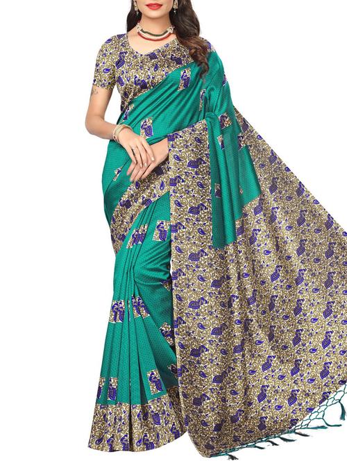 turquoise cotton silk printed saree with blouse - 15261000 - Very Small Image - 1