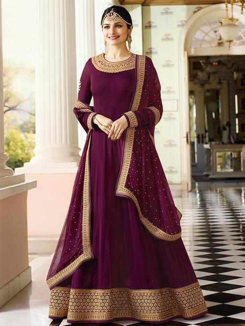purple embroidered semi-stitched anarkali suit - 15261012 - Very Small Image - 1