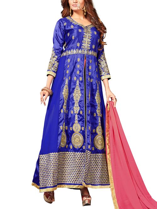 blue art silk semi-stitched anarkali suit - 15261044 - Very Small Image - 1