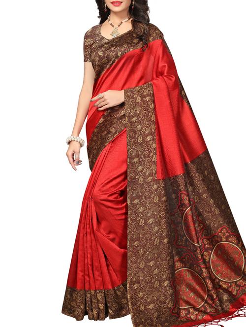 red cotton silk printed saree with blouse - 15261163 - Very Small Image - 1