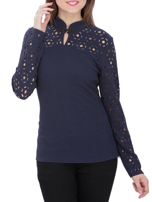 cut work paneled mandarin neck top - 15262319 - Very Small Image - 1