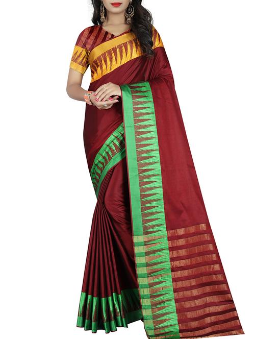 maroon cotton bordered saree with blouse - 15264682 - Very Small Image - 1