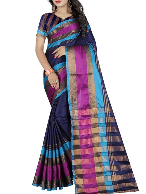 blue cotton bordered saree with blouse - 15264708 - Very Small Image - 1