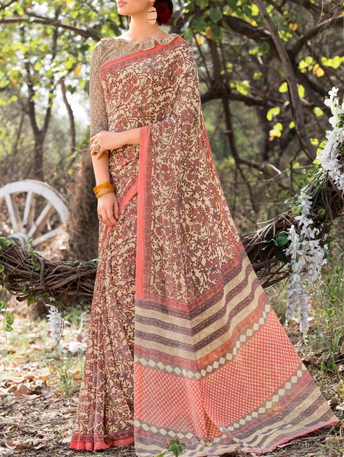 cream georgette printed saree with blouse - 15265885 - Very Small Image - 1