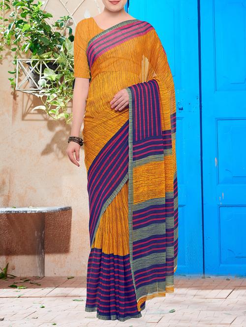 stripes bordered printed saree with blouse - 15265914 - Very Small Image - 1
