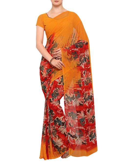 floral printed orange saree with blouse - 15266148 - Very Small Image - 1