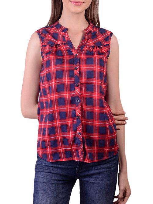 checked mandarin collar sleeveless shirt - 15266631 - Very Small Image - 1