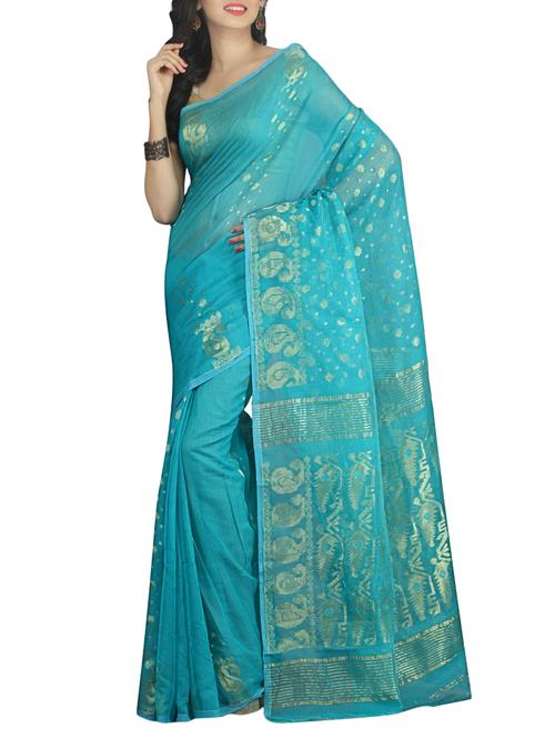 sky blue cotton silk jamdani saree - 15266834 - Very Small Image - 1