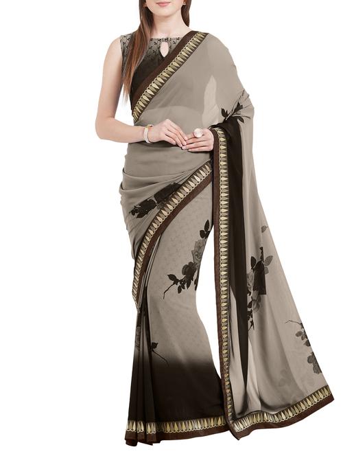 brown georgette printed saree with blouse - 15269195 - Very Small Image - 1