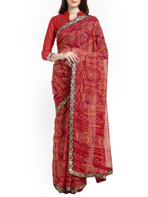 red georgette bandhani saree with blouse - 15269200 - Very Small Image - 1