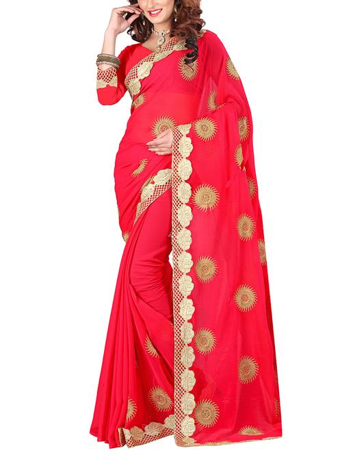 red chiffon embroidered saree - 15272320 - Very Small Image - 1