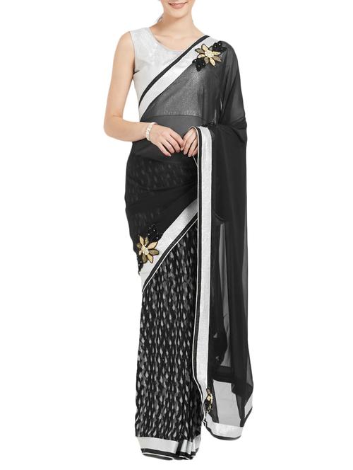 black georgette half and half saree with blouse - 15273379 - Very Small Image - 1