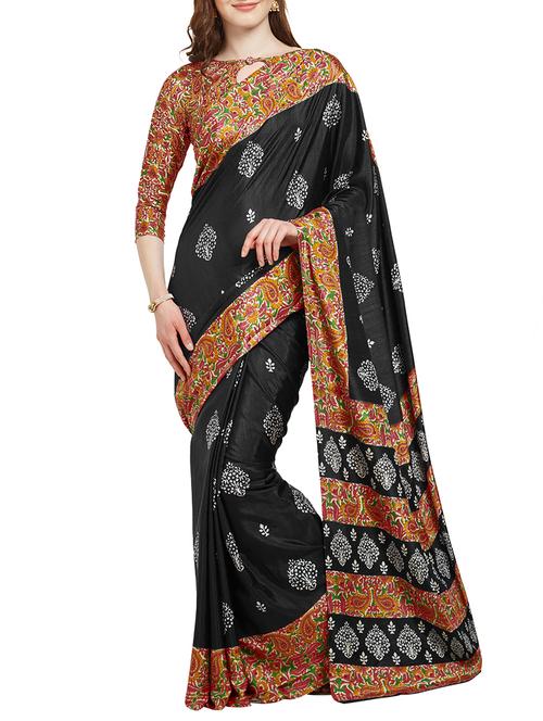 black crepe printed saree with blouse - 15277108 - Very Small Image - 1