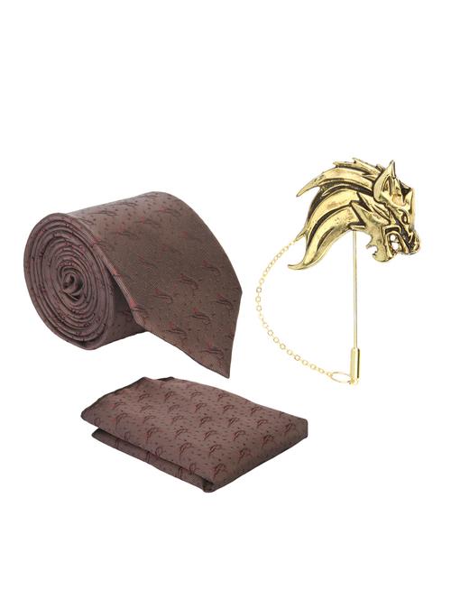 brown micro tie with pocket square and brooch - 15278050 - Very Small Image - 1