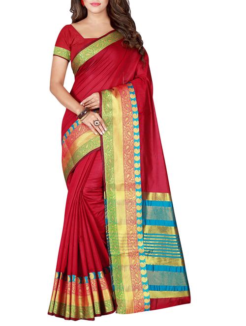 red cotton blend bordered saree with blouse - 15284016 - Very Small Image - 1