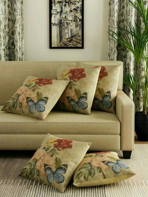 digital floral printed set of 5 jute cushion covers - 15285576 - Very Small Image - 1