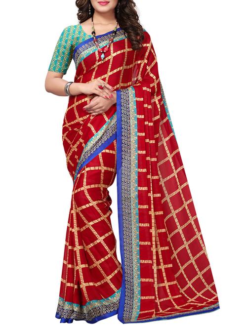 checkered printed saree with blouse - 15287495 - Very Small Image - 1