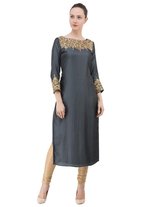 grey silk blend straight solid kurta - 15291008 - Very Small Image - 1