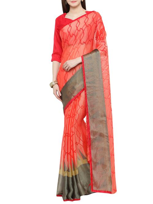 red silk printed saree with blouse - 15292337 - Very Small Image - 1