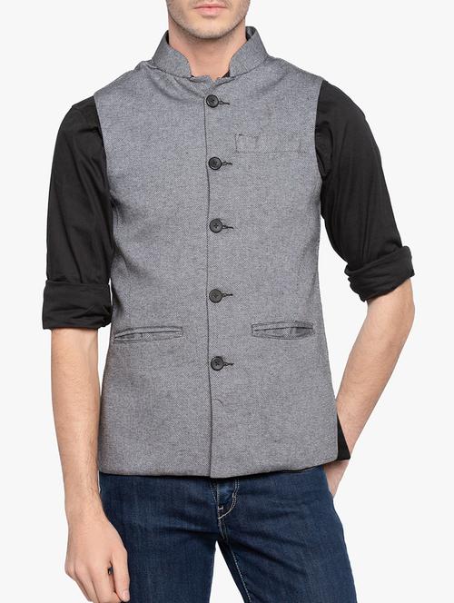 grey cotton nehru jacket - 15295537 - Very Small Image - 1