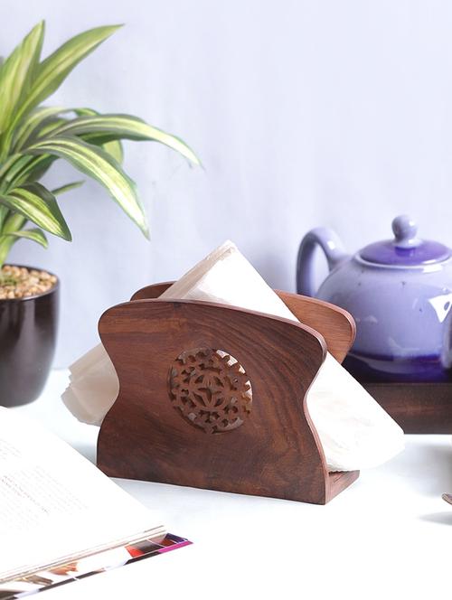 sheesham wood carved jali tissue holder - 15295894 - Very Small Image - 1