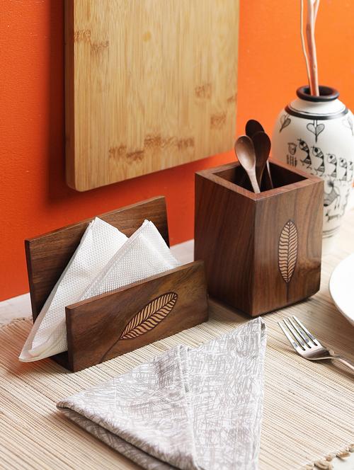 elliptic leaf wooden tissue holder with cutlery holder set - 15295897 - Very Small Image - 1