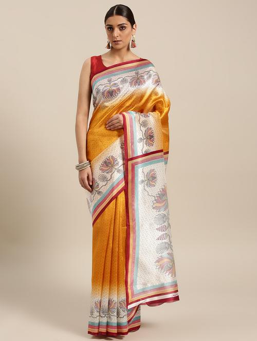 all over printed mustard art silk saree with blouse - 15296060 - Very Small Image - 1
