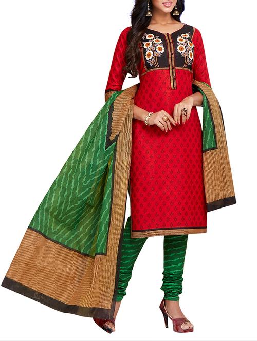 red cotton unstitched churidaar suit - 15297191 - Very Small Image - 1
