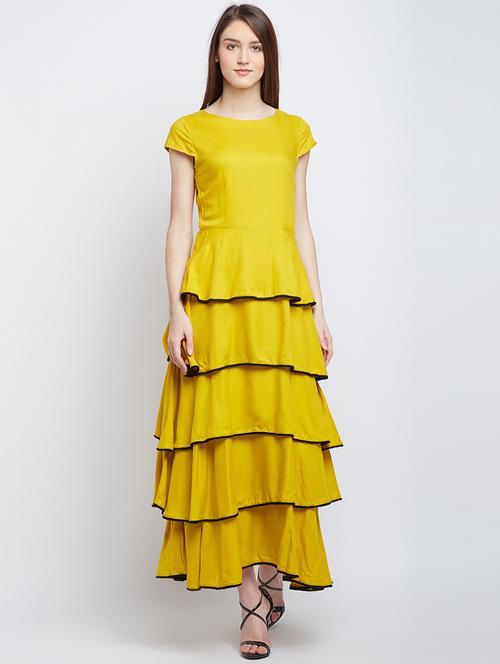 yellow solid viscose tiered layered dress - 15300346 - Very Small Image - 1