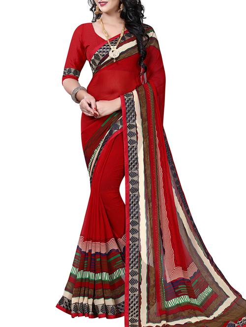 red georgette printed saree with blouse - 15300509 - Very Small Image - 1