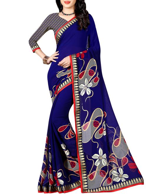 blue georgette printed saree with blouse - 15300511 - Very Small Image - 1