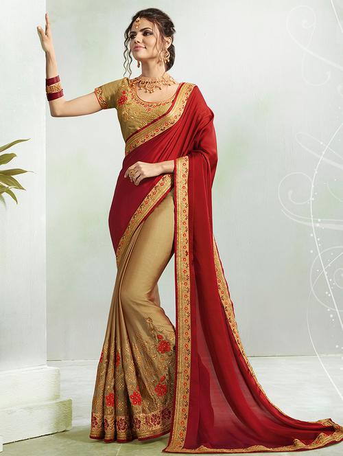 maroon half & half embroidered saree with blouse - 15308116 - Very Small Image - 1